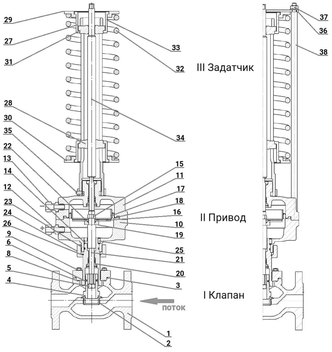 Регулятор давления до себя PRB1030N-F-DA Ду25 Ру16 Kvs2,5 прямого действия, серый чугун СЧ20, фланцевый, Tmax до 150°С, диапазон настройки 4 (6 - 12 кгс/см2)