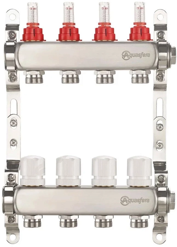 Группа коллекторная Aquasfera 9503 Ду25 Ру6 внутренняя резьба, выходов 5х3/4″ наружная резьба под евроконус с регулирующими клапанами и расходомерами, нержавеющая сталь
