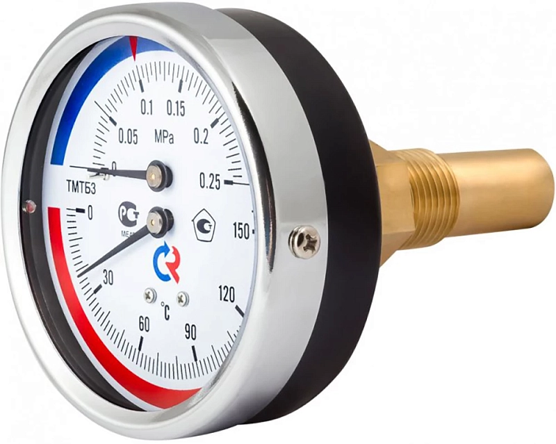 Термоманометр Росма ТМТБ-31Т.2 (0-150°C) (0-1,6MПa) G1/2 2,5, корпус 80мм, тип - ТМТБ-31T.2, длина клапана 64мм, до 150°С, осевое присоединение, 0-1,6MПa, резьба G1/2, класс точности 2.5